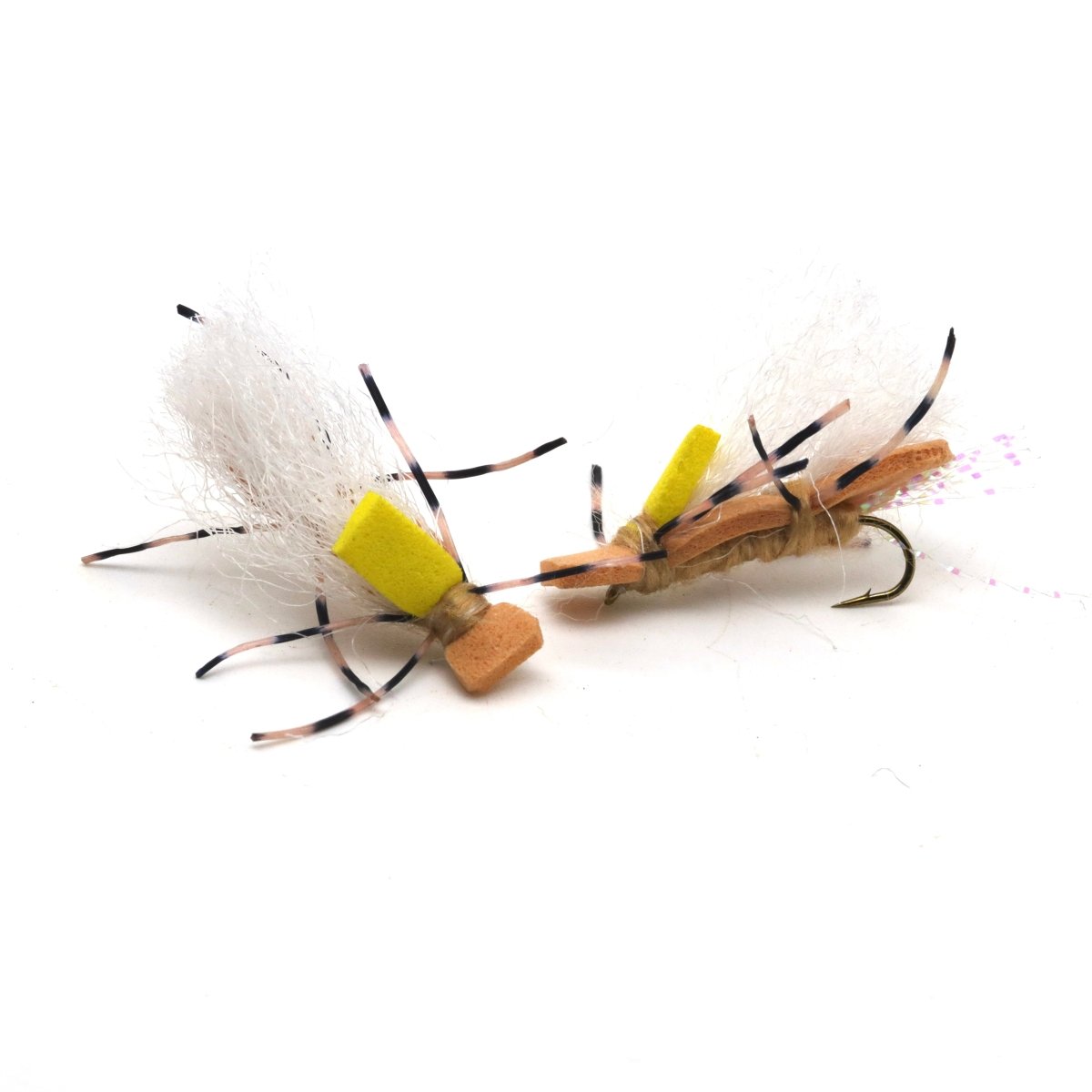 Fishing fly with white and yellow body on a white background