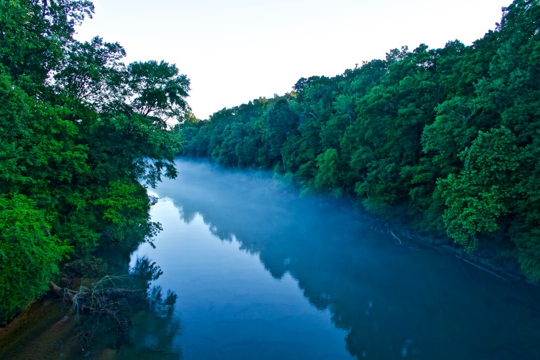 Foggy river surrounded by green forest, representing trout fishing waters for Redd’s Flies anglers.