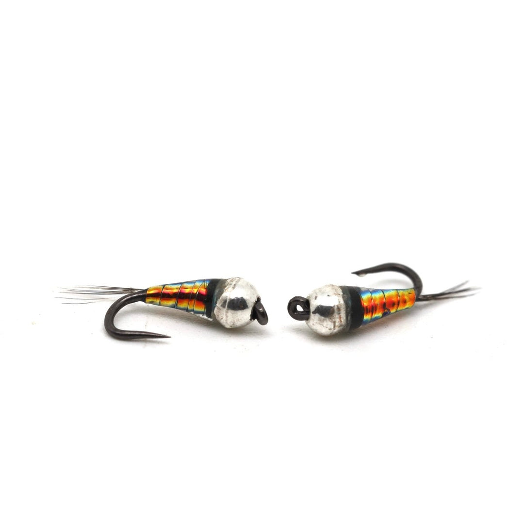 Yellow/Orange/Purple Holo Perdigon nymph fly