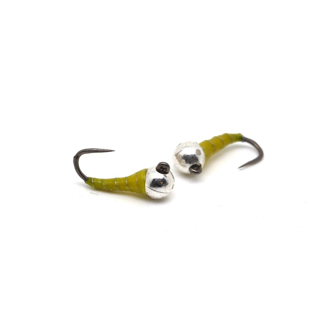 Mustard UV Zebra Midge Perdigon nymph fly, size 20